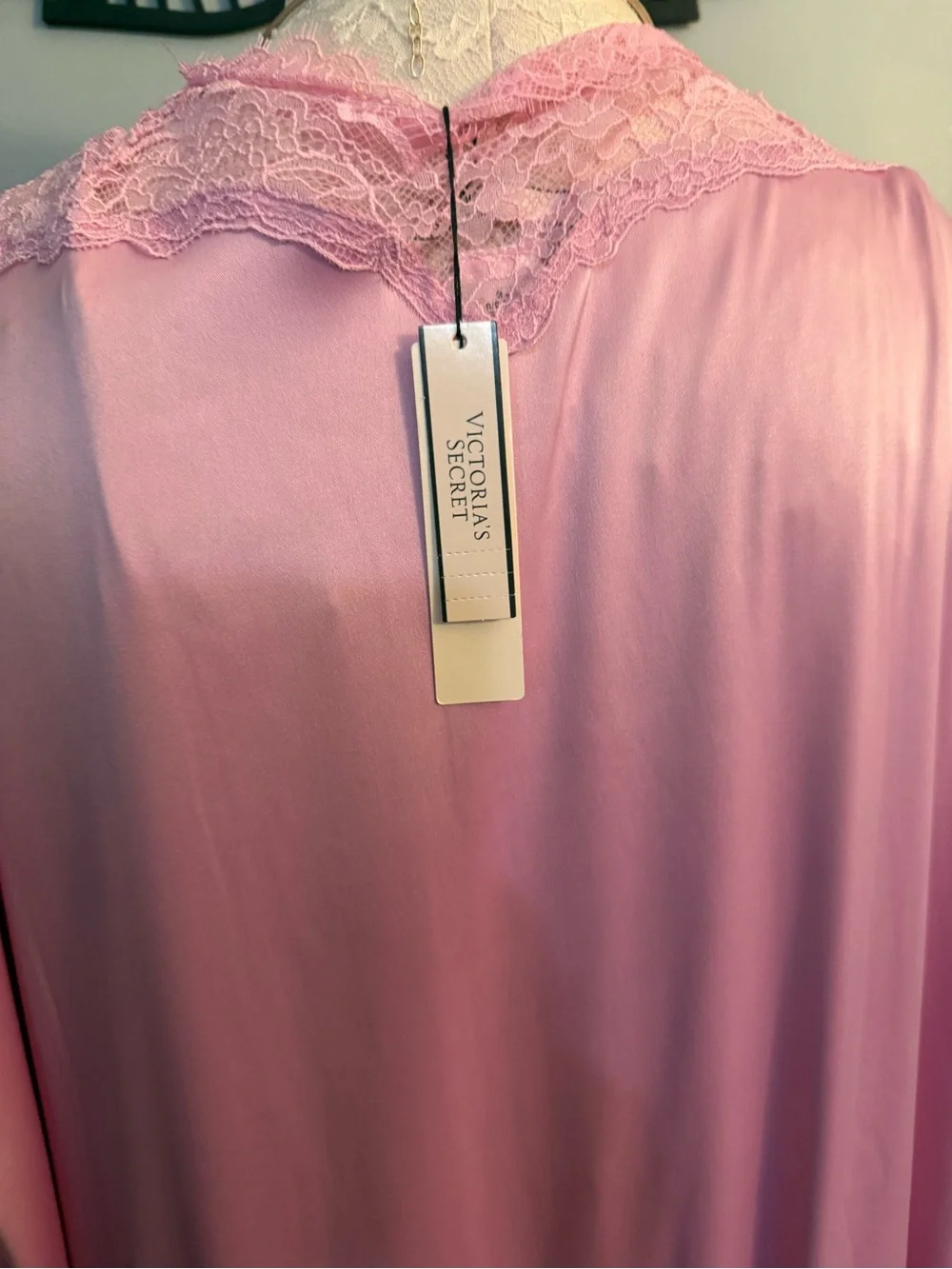 Victoria Secret Long Satin Pink Lace Trim Satin Nightgown & Robe Set
